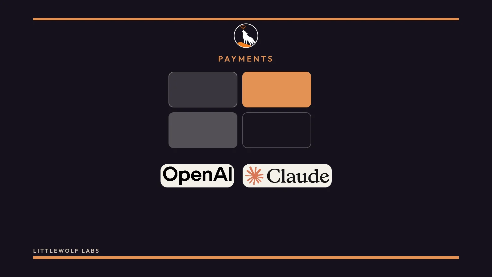 A navy build scene with the OpenAI wordmark and the Claude wordmark, and the label Payments.