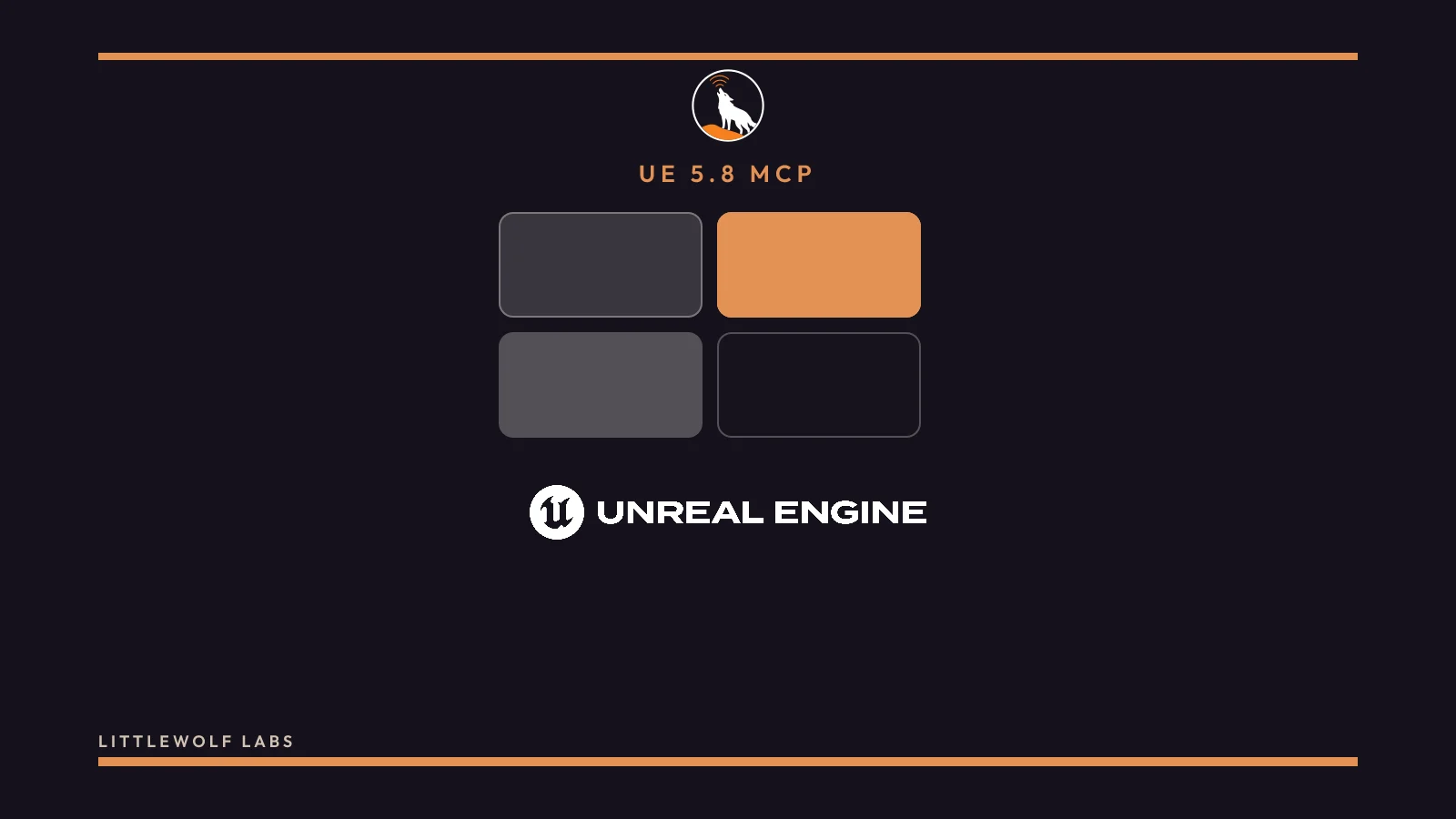 A navy scene card with a small Unreal Engine wordmark and the Littlewolf Labs wolf mark.