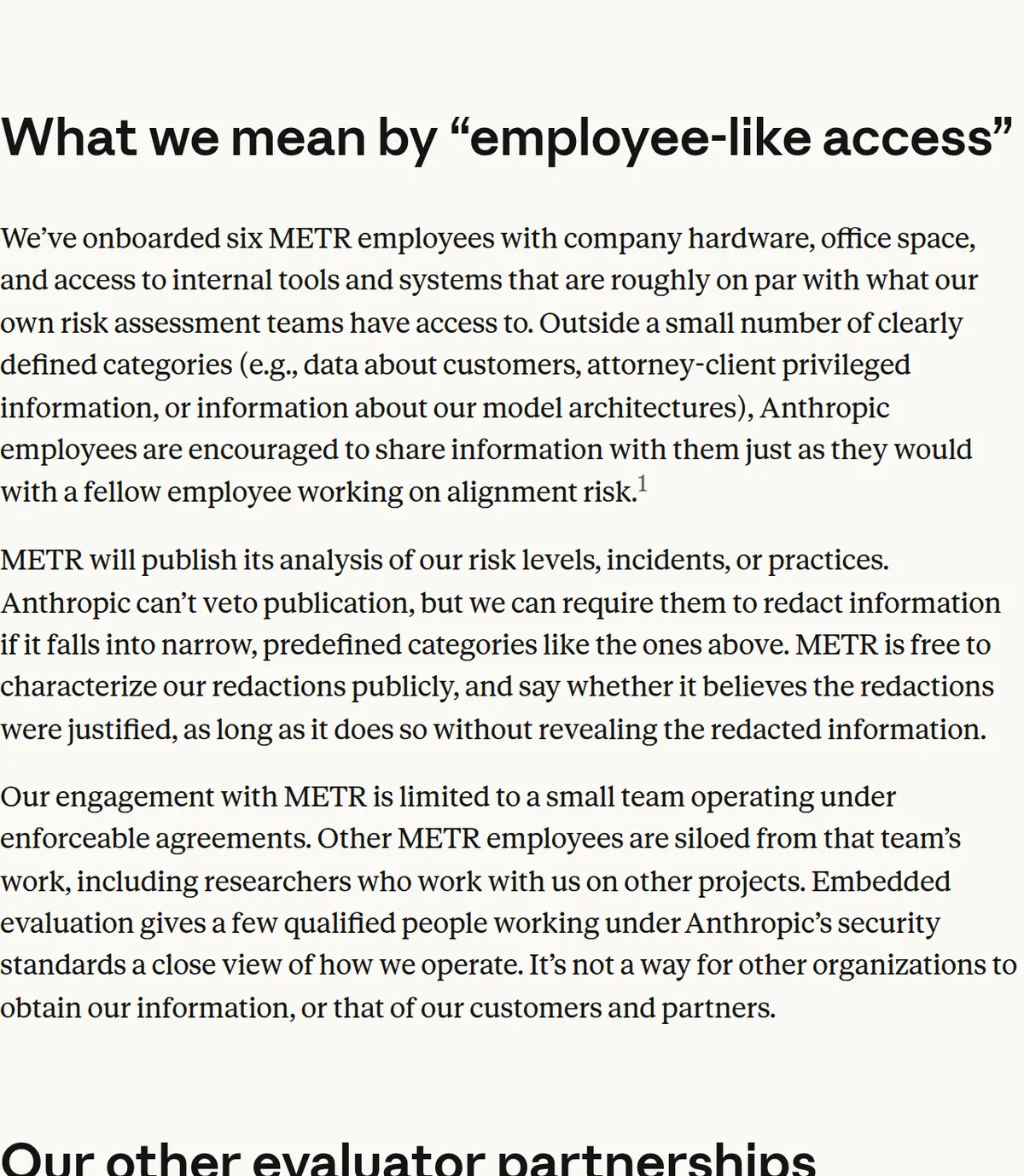 Anthropic's paragraph on six METR employees, access roughly on par with its risk teams, and no veto on publication.