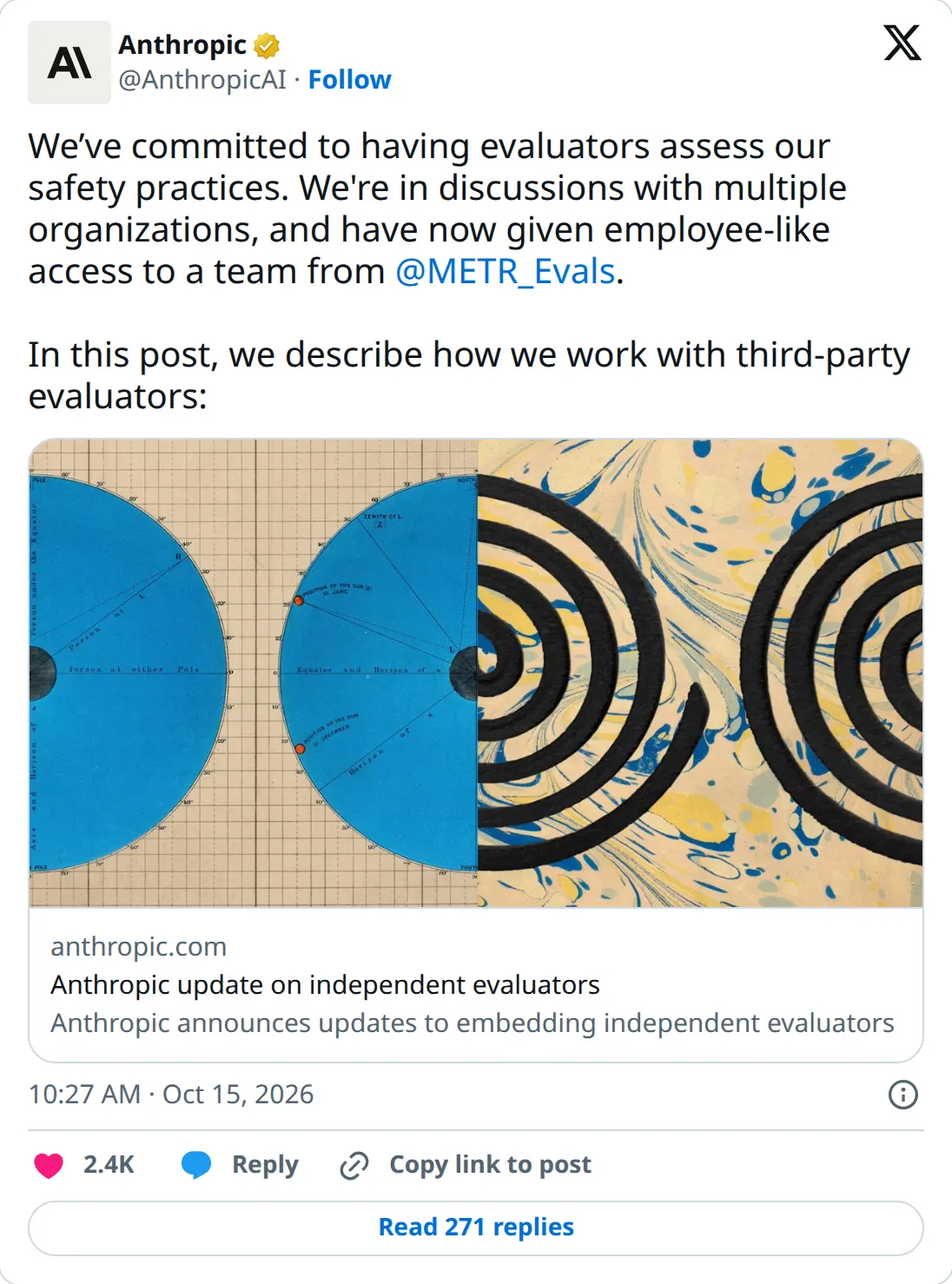 Anthropic's post that it has given a METR team employee-like access to assess its safety practices.