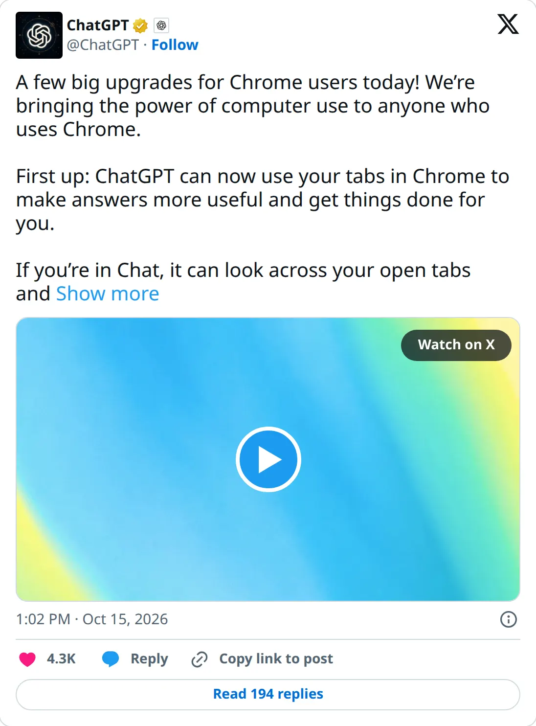 ChatGPT's post that the Chrome extension brings computer use to Chrome and can look across open tabs in Chat. The public embed cuts the rest of the note behind Show more.