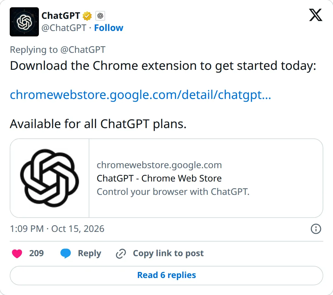 ChatGPT's follow-up post with the Chrome Web Store link and the line Available for all ChatGPT plans.