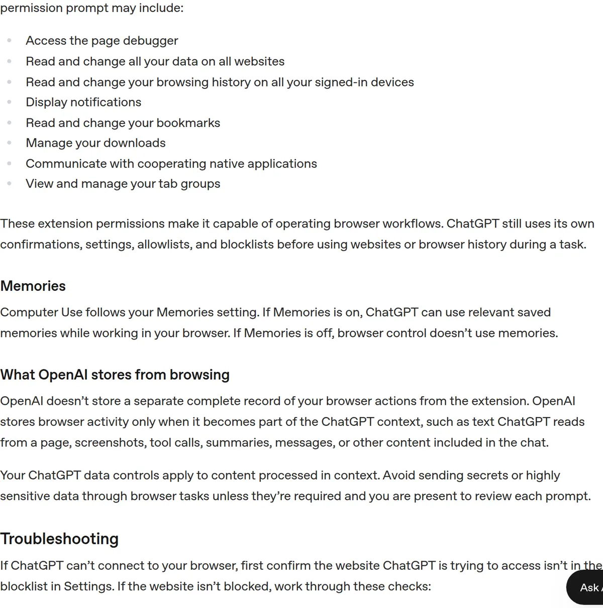 The extension doc listing Chrome permissions, including the page debugger, all data on all websites, history, bookmarks, and downloads, plus allowlists and blocklists.