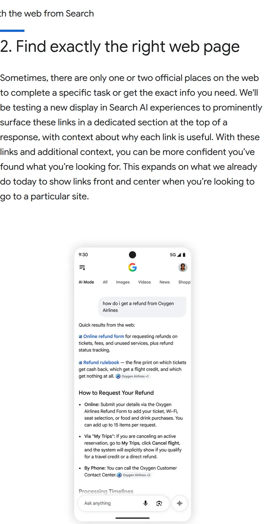 Google's section Find exactly the right web page, describing a test that surfaces one or two official sites at the top of an AI answer.