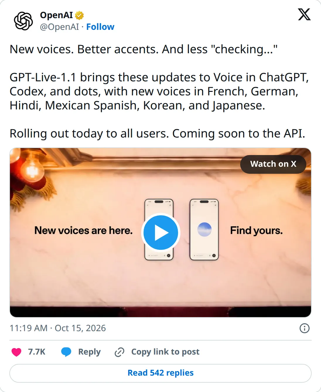 OpenAI's post announcing GPT-Live-1.1, new voices in six languages, a rollout to all users, and an API coming soon.