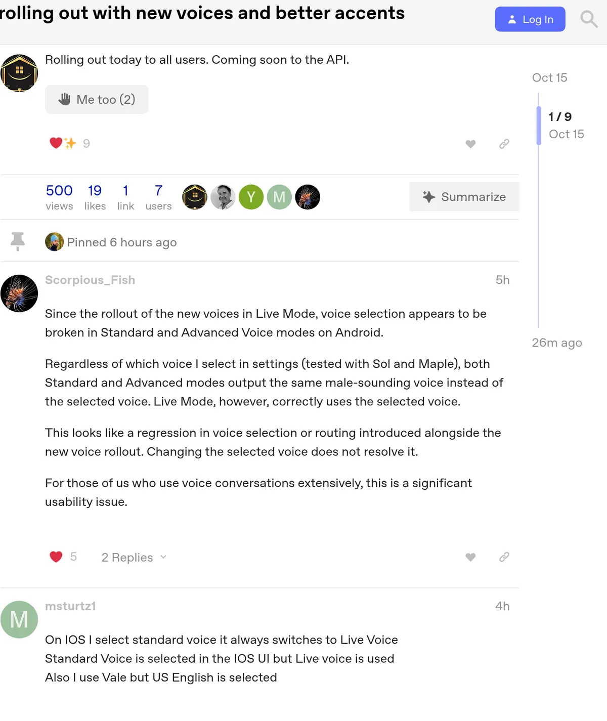 The forum announcement that GPT-Live-1.1 is rolling out to all users with the API coming soon, and a reply reporting broken voice selection on Android.