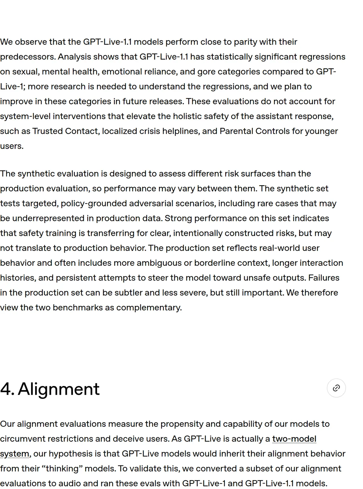 The system card paragraph stating statistically significant regressions on sexual, mental health, emotional reliance, and gore compared with GPT-Live-1.