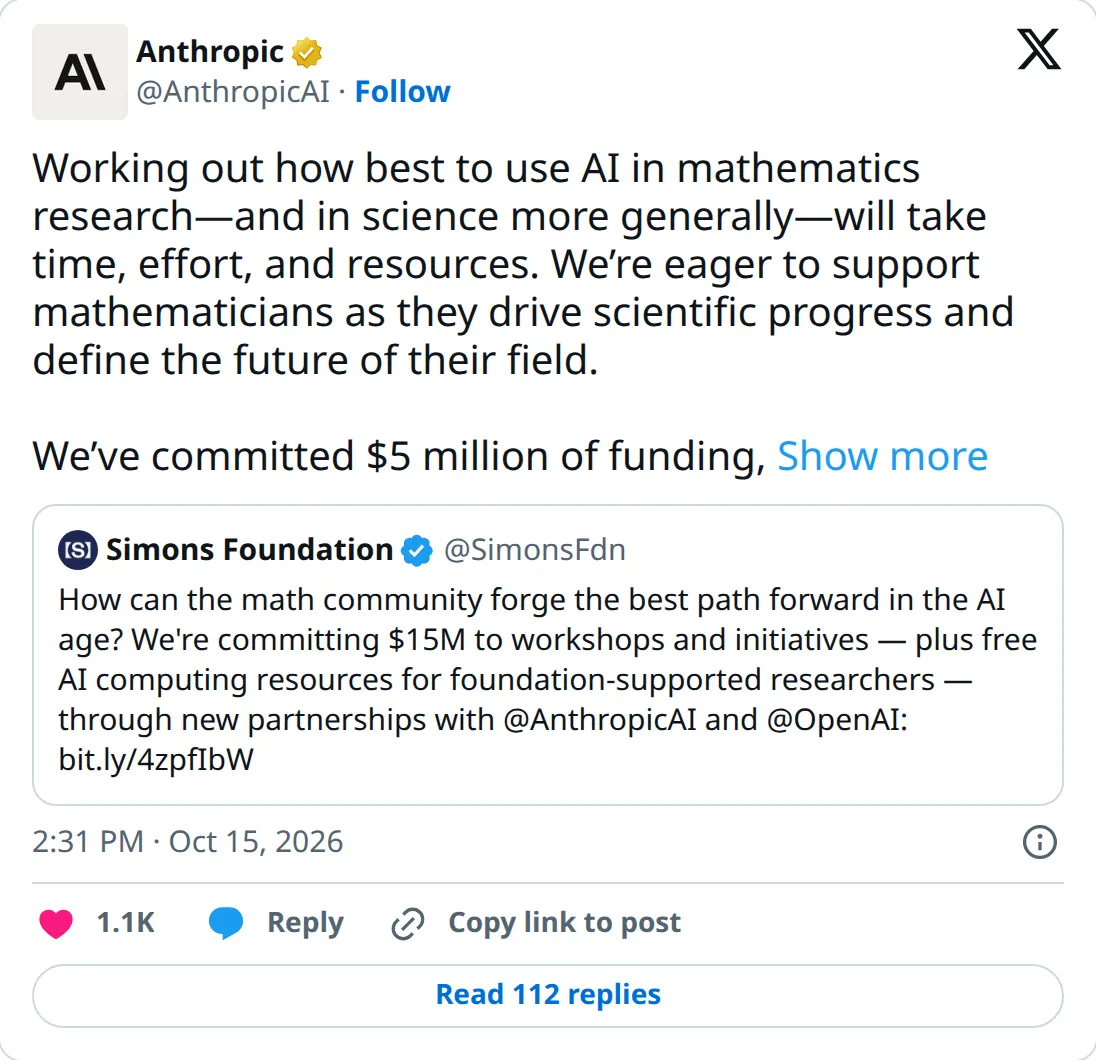 Anthropic's post committing $5 million of funding, compute, and Claude access with the Simons Foundation.