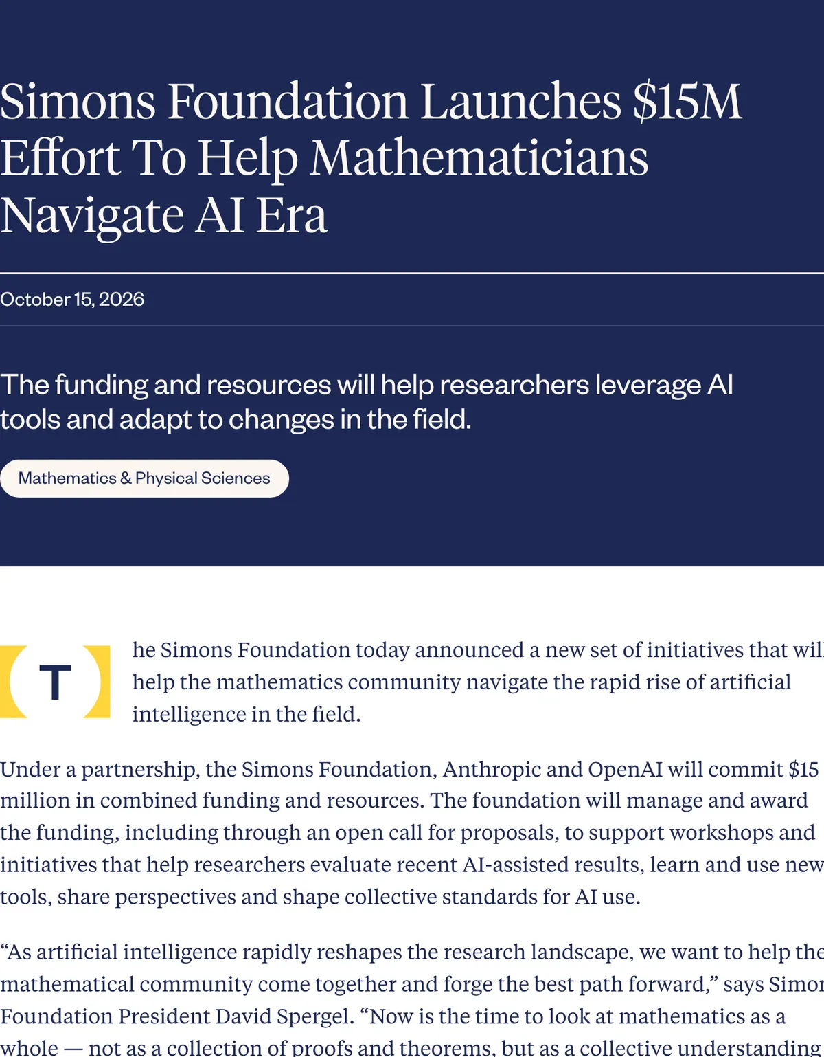 The Simons Foundation headline announcing a $15 million effort to help mathematicians navigate AI, dated October 15, 2026.