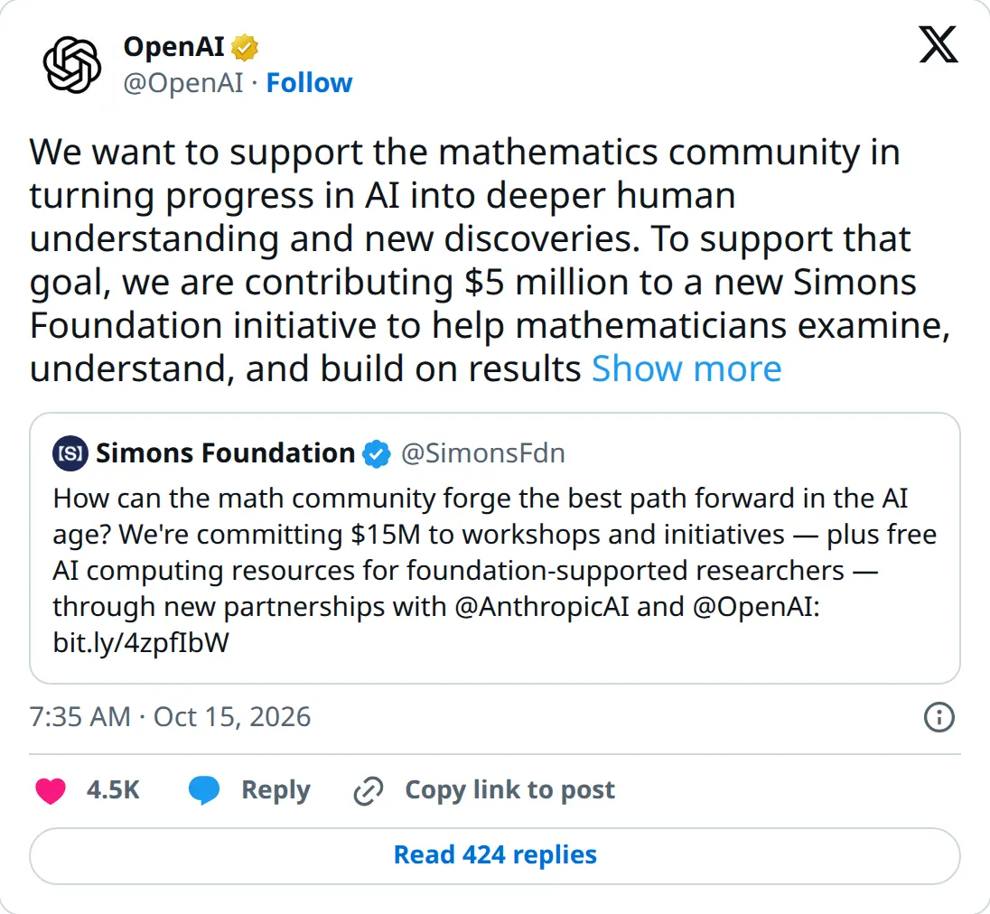 OpenAI's post contributing $5 million to a Simons Foundation initiative for mathematicians working with AI results.