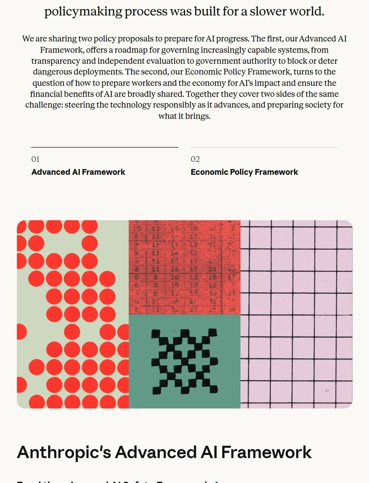 Anthropic's policy page summarizing the Advanced AI Framework, including authority to block or deter dangerous deployments.