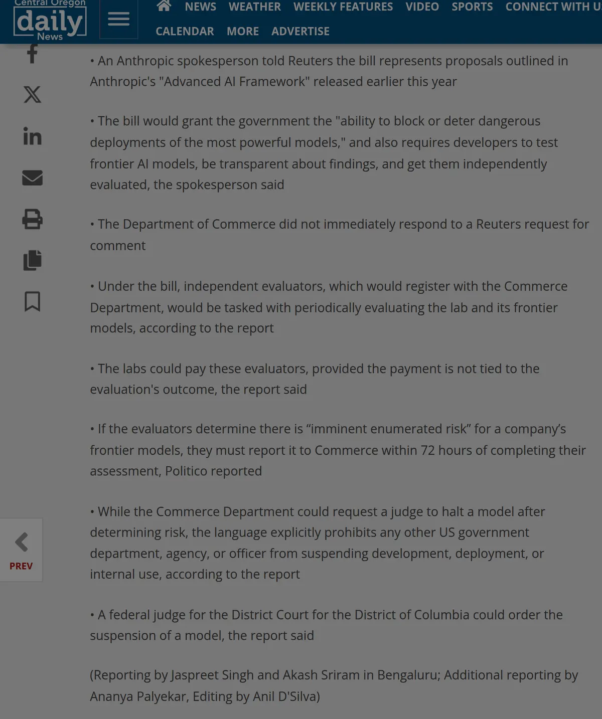 Reuters report that Anthropic pitched a draft AI safety bill, citing Politico.