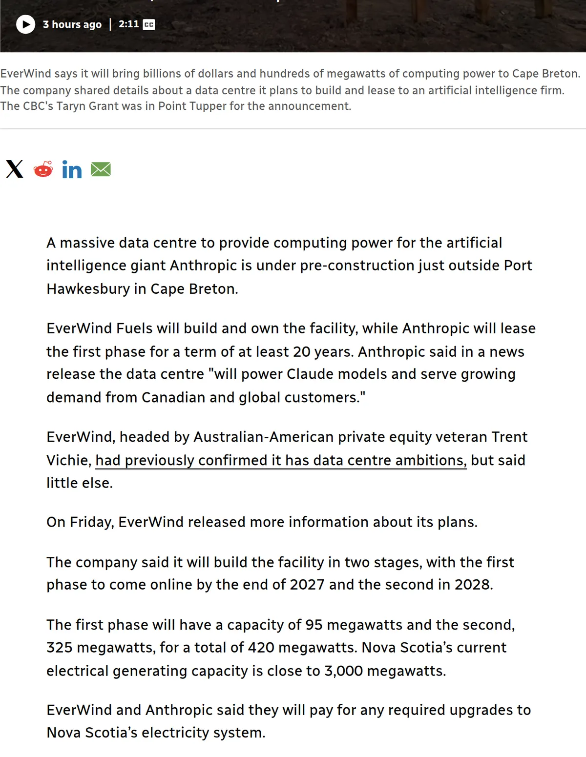 CBC report that EverWind will own a Point Tupper data centre and Anthropic will lease the first phase.