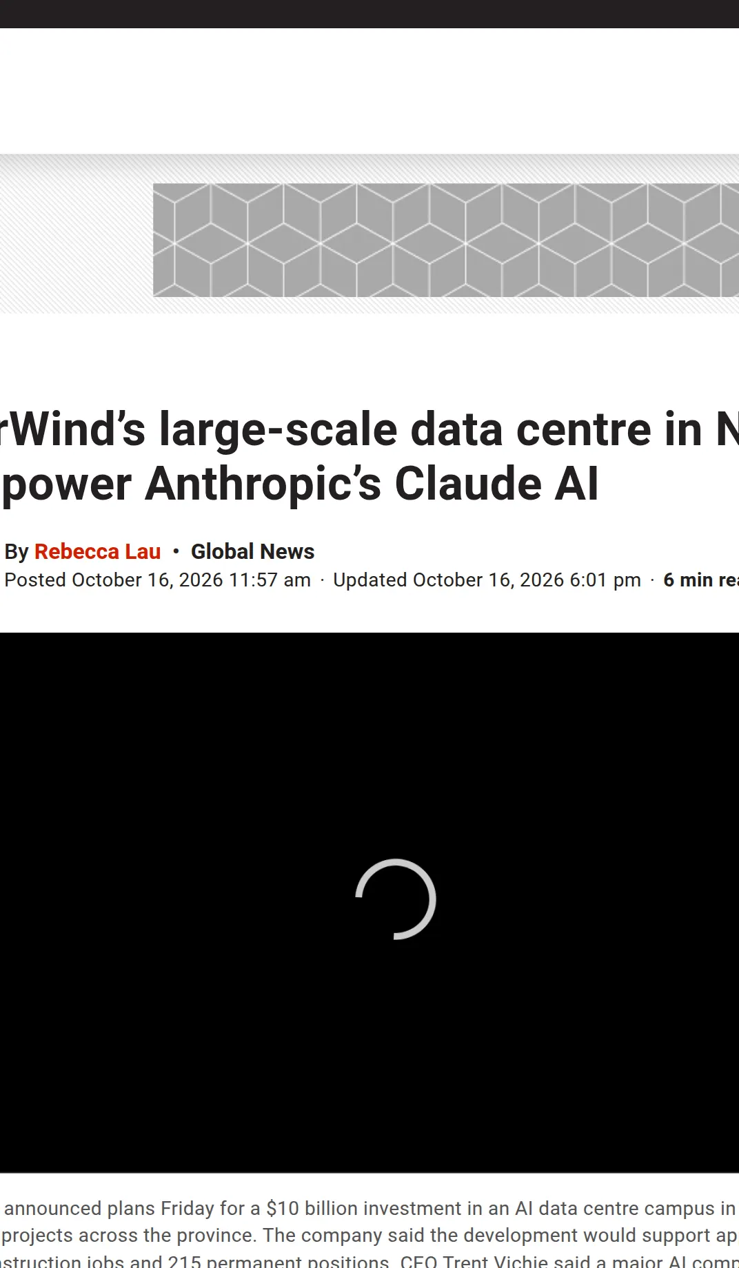 Global News report on EverWind's Point Tupper data centre and Anthropic's lease.