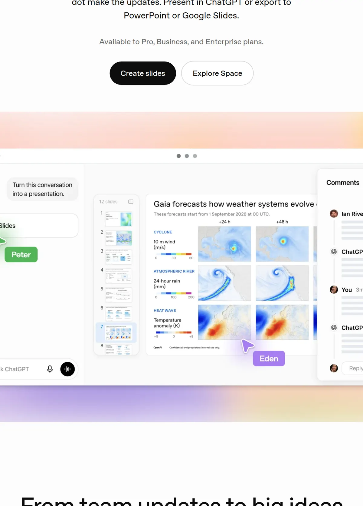 The ChatGPT Slides page saying the feature is available to Pro, Business, and Enterprise plans.