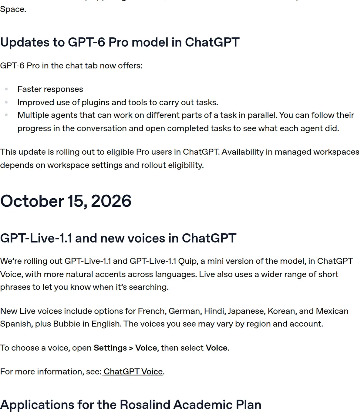 The release notes section Updates to GPT-6 Pro model in ChatGPT.