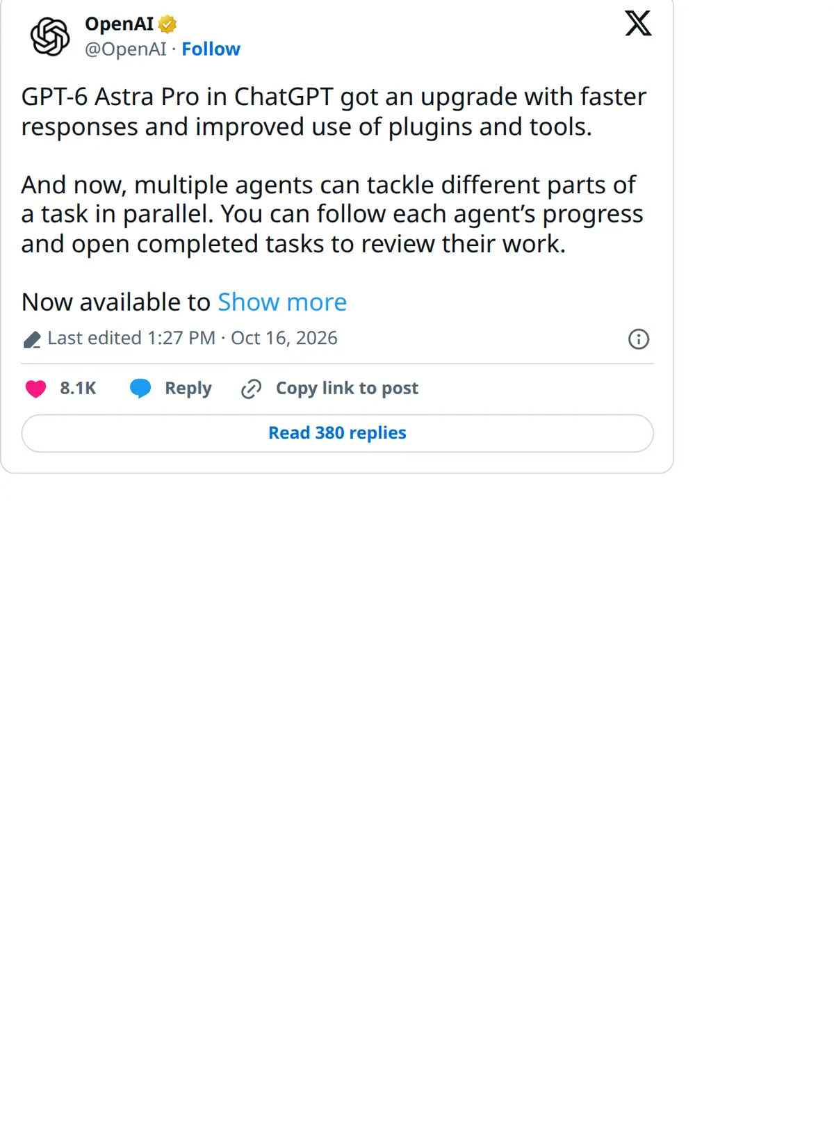 OpenAI's X post, edited to say GPT-6 Astra Pro, describing faster responses and parallel agents for Pro users.
