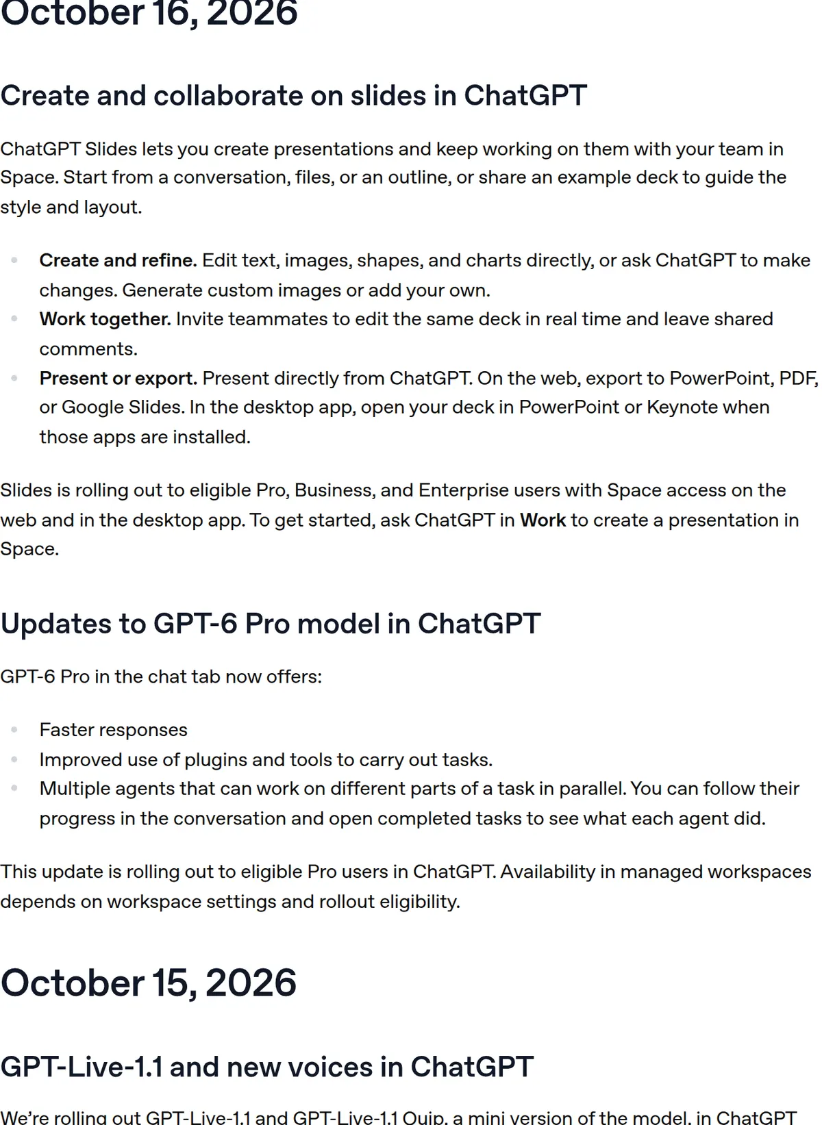 ChatGPT release notes listing Slides and an update to GPT-6 Pro.