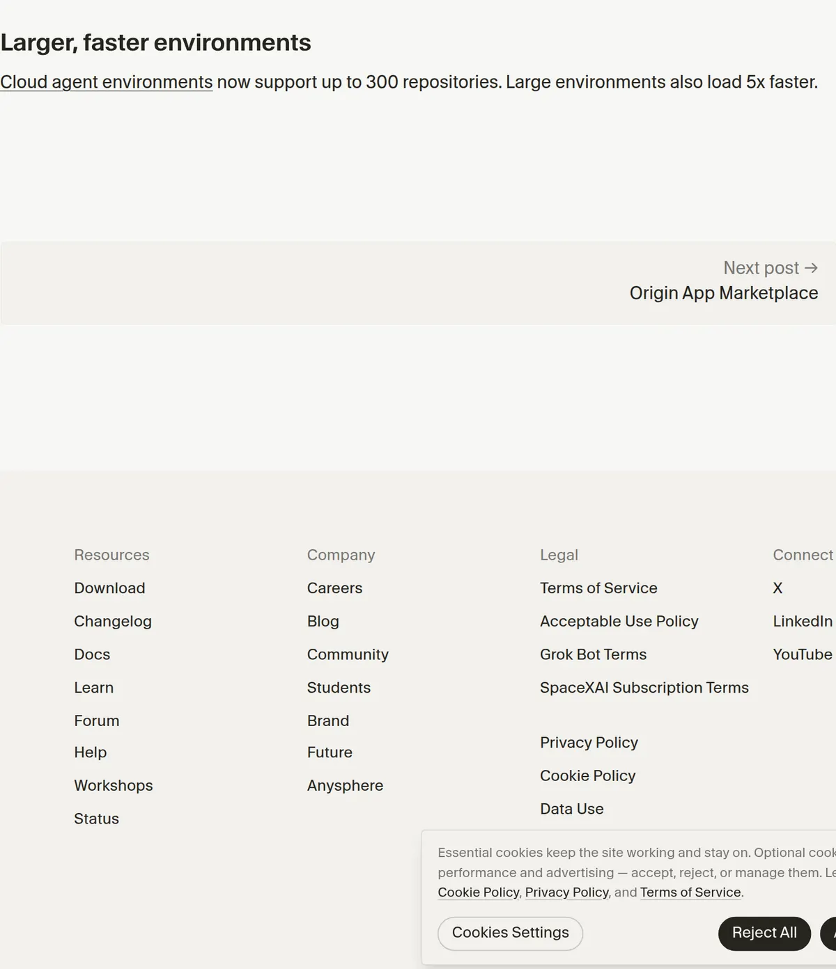 Cursor changelog entry for cloud agent canvases, the Environments API beta, and environments of up to 300 repositories.
