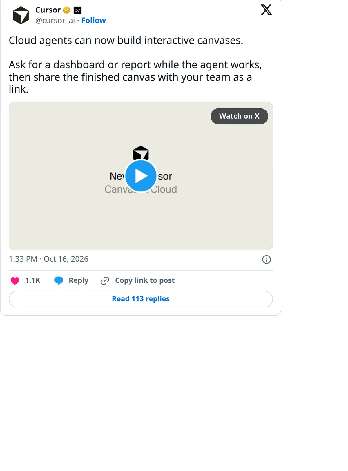 Cursor's X post that cloud agents can build interactive canvases and share them as a link.