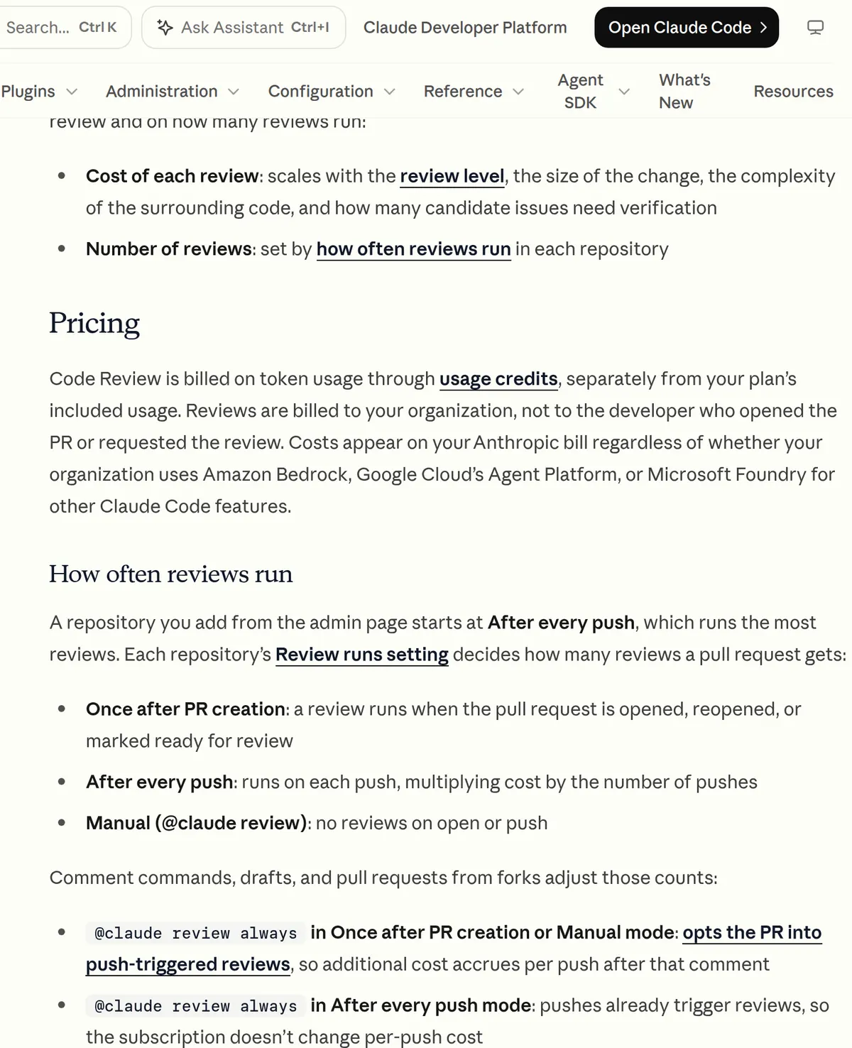 Code Review costs: no flat per-review price, billed on tokens through usage credits to the organization.