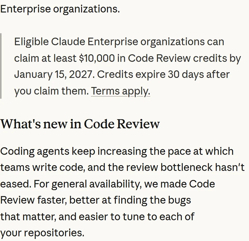 Claude's announcement: Code Review is generally available for Team and Enterprise, with Quick, Standard, and Deep, and eligible Enterprise orgs can claim at least $10,000 in credits.