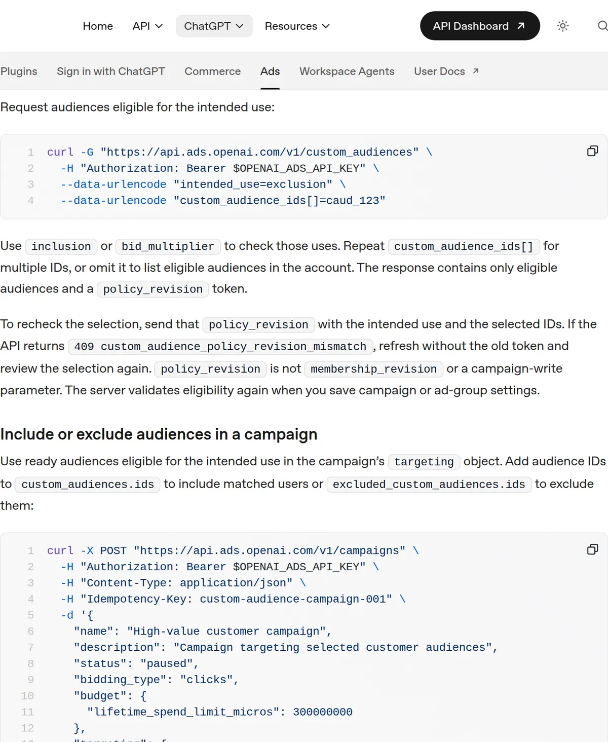 OpenAI developer docs: inclusion and bid adjustments use 25,000 matched users as the planning threshold.