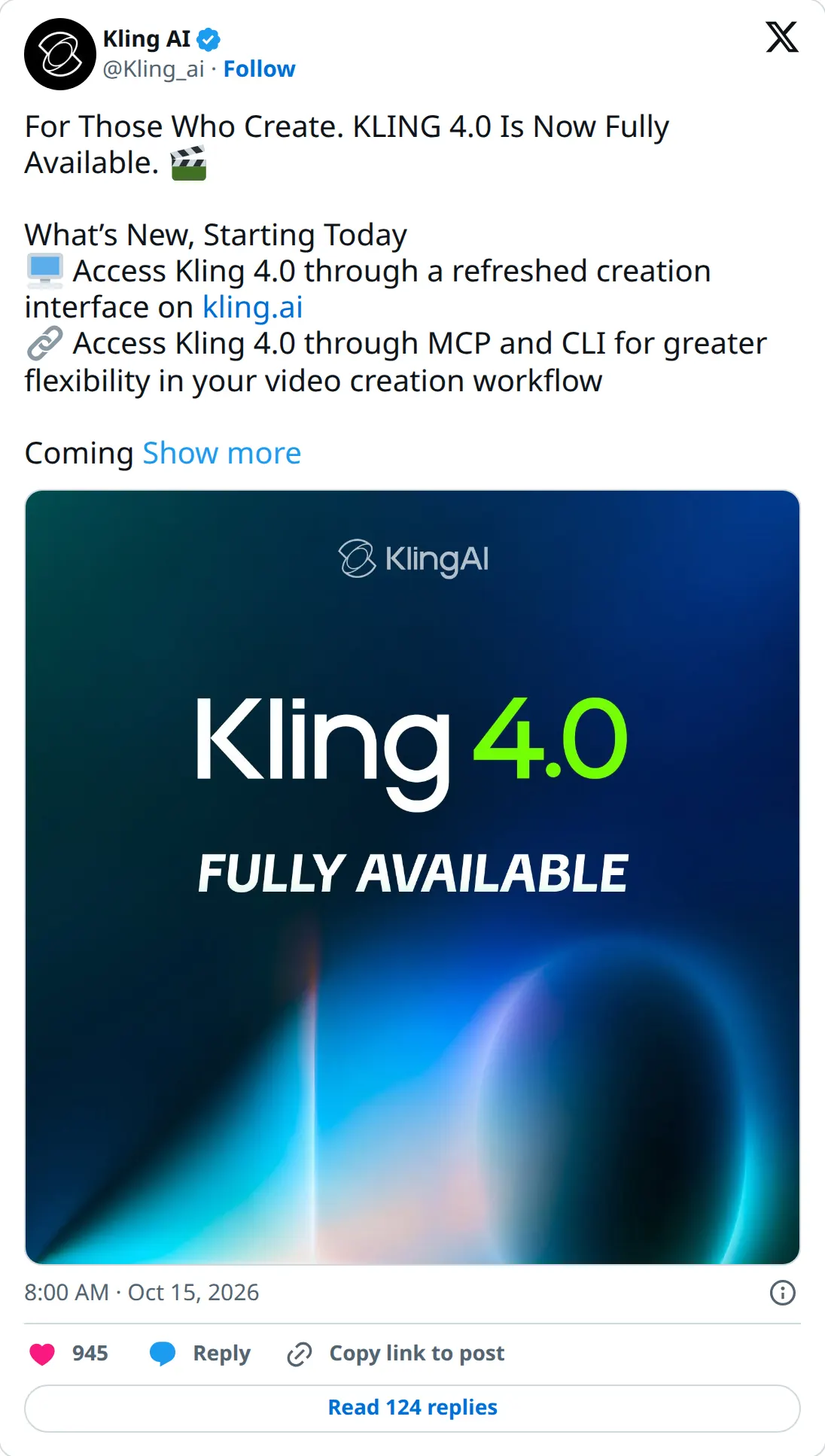 Kling AI on X: Kling 4.0 is fully available, with a refreshed interface, an MCP server, and a CLI. The Coming section is cut off.