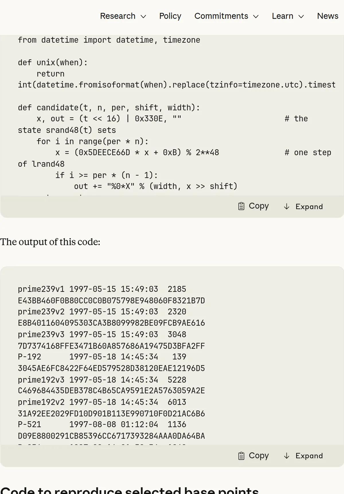 Anthropic's research page saying Claude found the NIST curve seeds came from lrand48 seeded with a Unix timestamp.