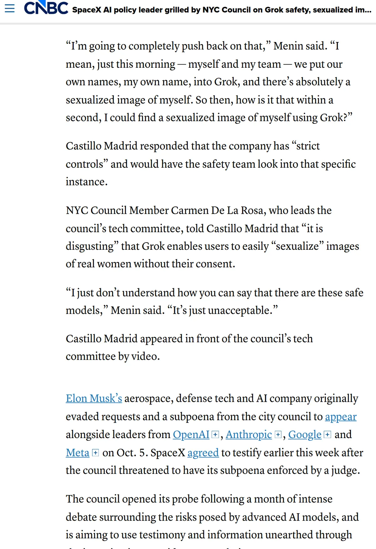CNBC report that Speaker Menin challenged SpaceXAI's testimony about Grok sexualized images of real people.
