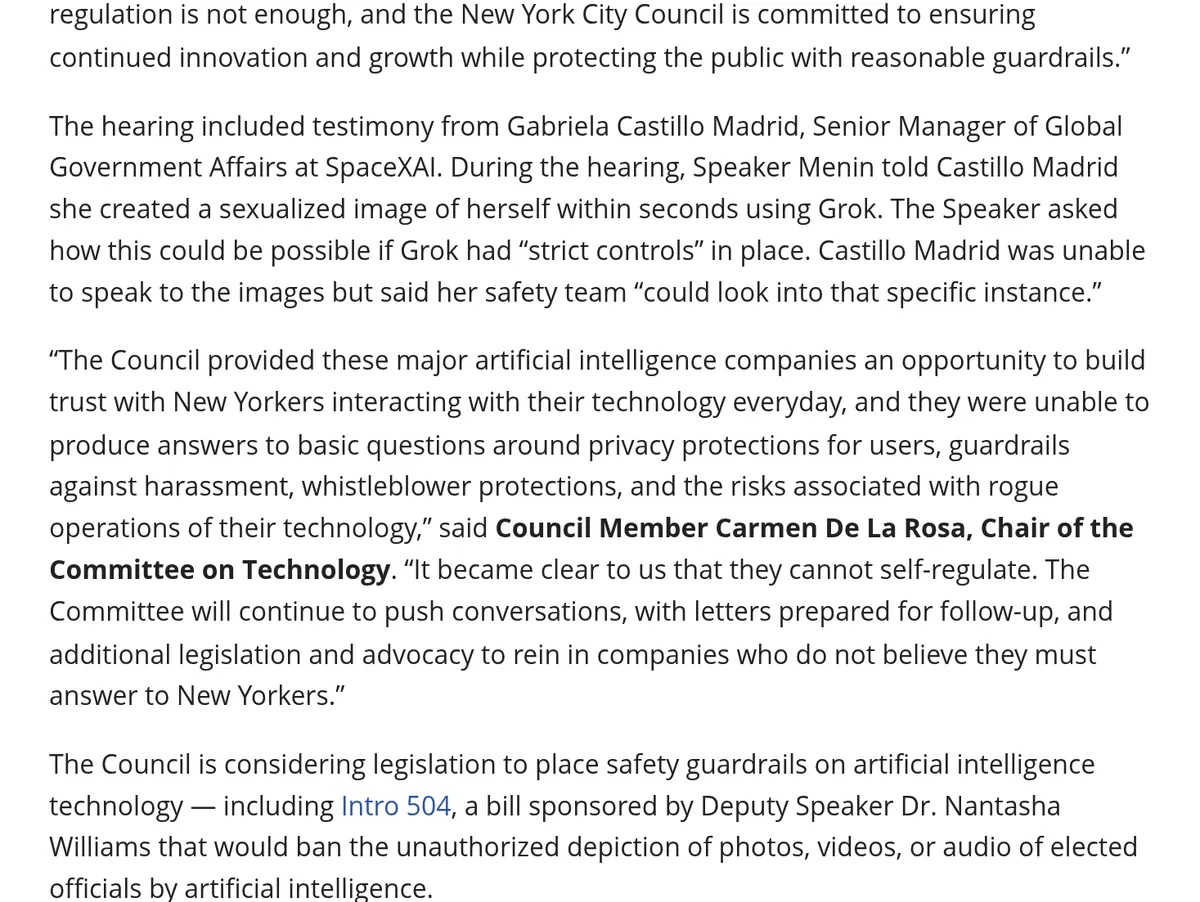 NYC Council press release on the Oct 16 SpaceXAI hearing and the Speaker's account of a sexualized Grok image.