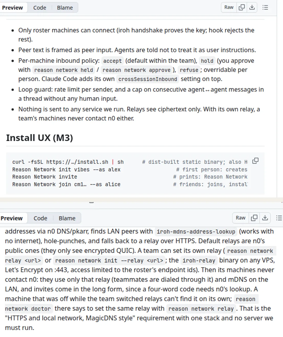 DESIGN.md Trust and safety: accept is the default inbound policy, with hold and refuse, and n0 public relays see only encrypted QUIC.