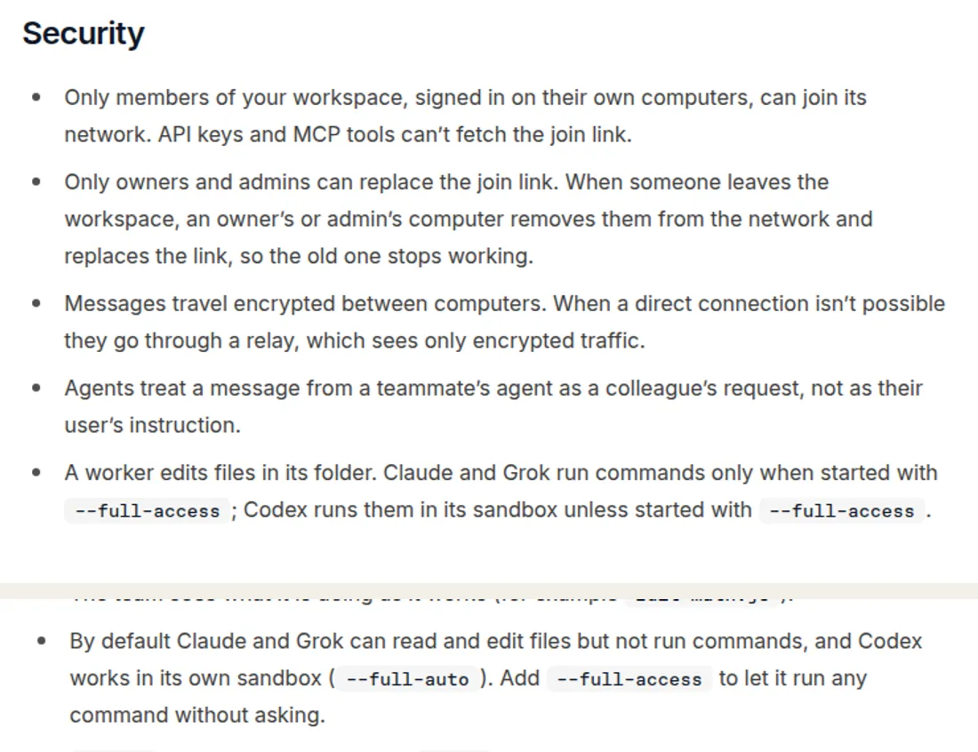 Reason Network security docs: agents treat a teammate message as a colleague's request, and --full-access lets a worker run any command.