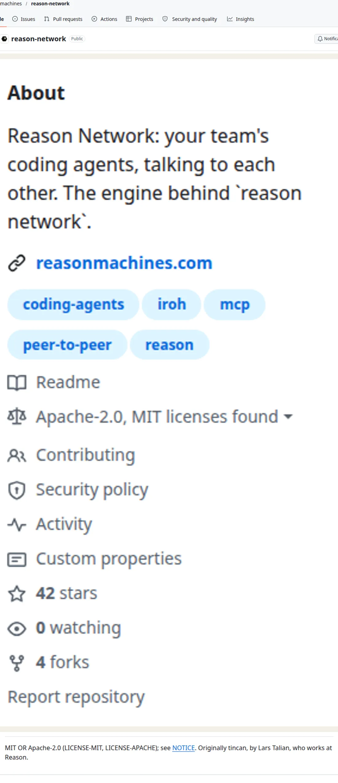 The reason-network GitHub repo, with Apache-2.0 and MIT listed, 42 stars and 4 forks, and the README line MIT OR Apache-2.0.