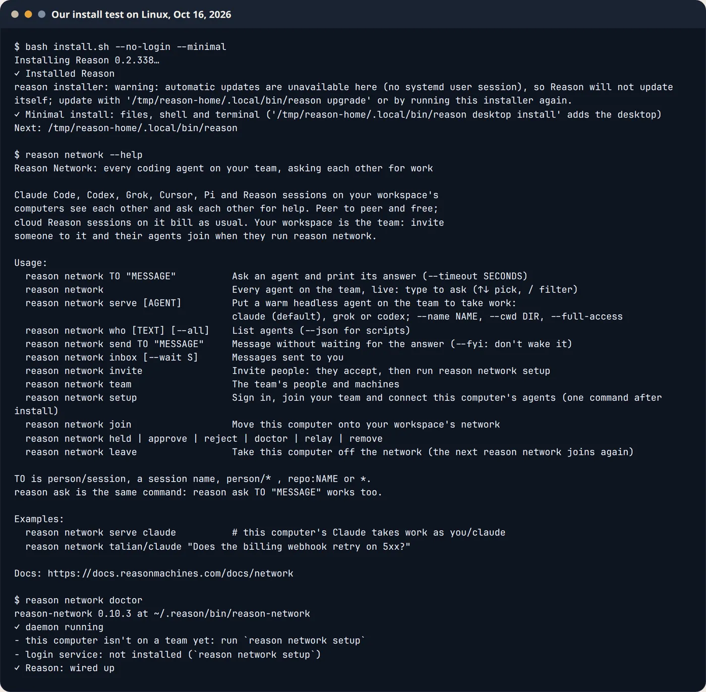 Terminal log of a minimal Reason install on Linux, reason network --help, and reason network doctor on October 16, 2026.