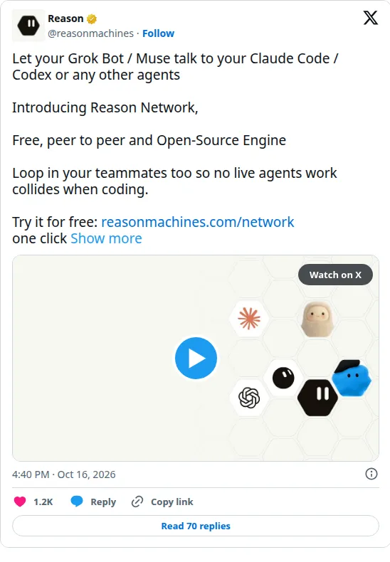 Reason's launch post on X, October 16, 2026, with 1.2K likes and 70 replies.
