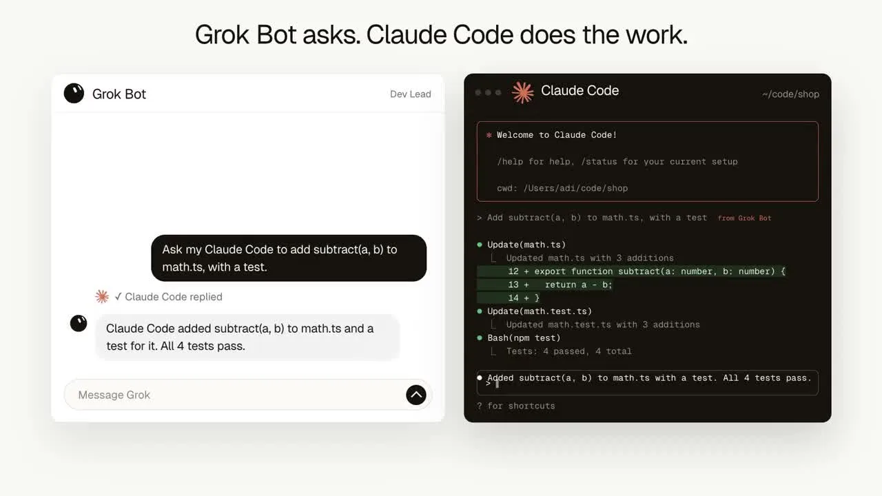 A frame from Reason's launch video showing Grok Bot, Claude Code, and Codex on one network, with the install command.