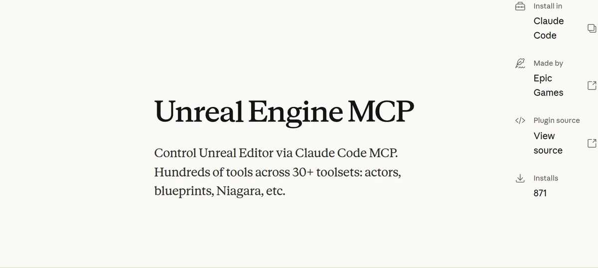 Anthropic's plugin page for Unreal Engine MCP, showing Made by Epic Games and 871 installs.