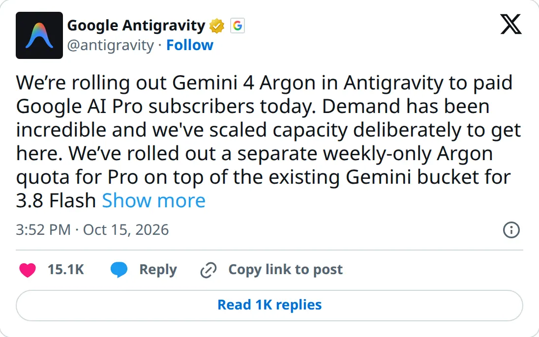 Google Antigravity on X: Pro subscribers get a separate weekly Argon quota on top of the Gemini 3.8 Flash bucket.