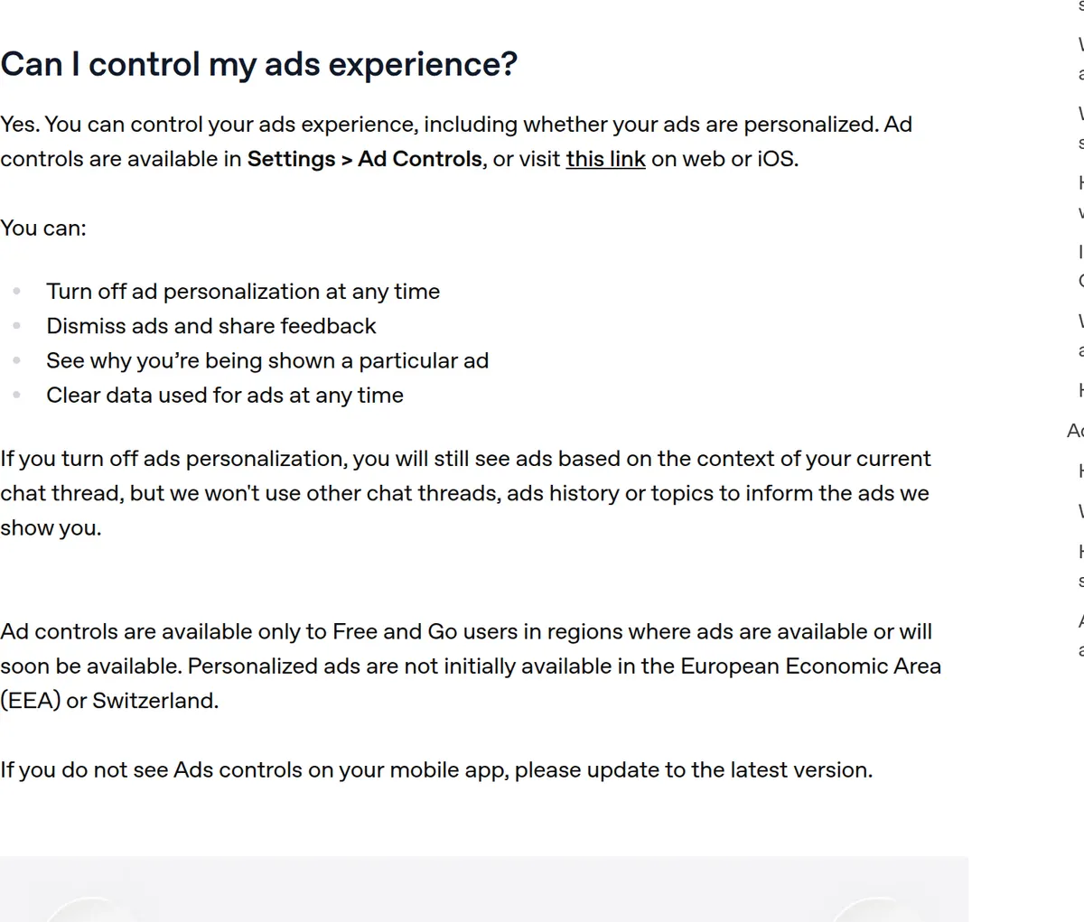 OpenAI Help Center: ad controls in Settings, to turn off personalization, see why an ad appeared, and clear data used for ads.