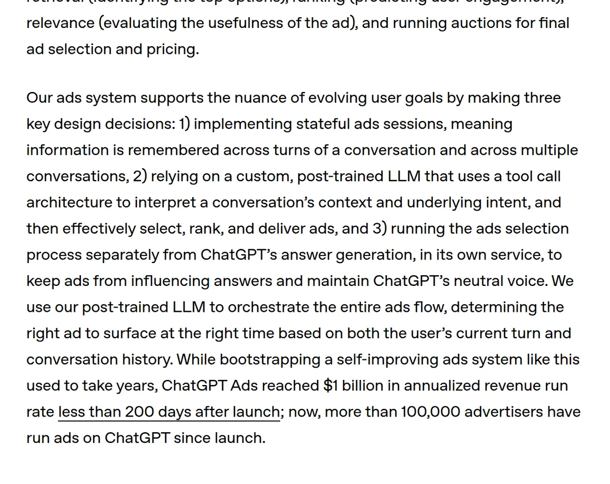 OpenAI engineering post: stateful ads sessions remember information across turns of a conversation and across multiple conversations, and ChatGPT ads reached a $1 billion annualized revenue run rate less than 200 days after launch.