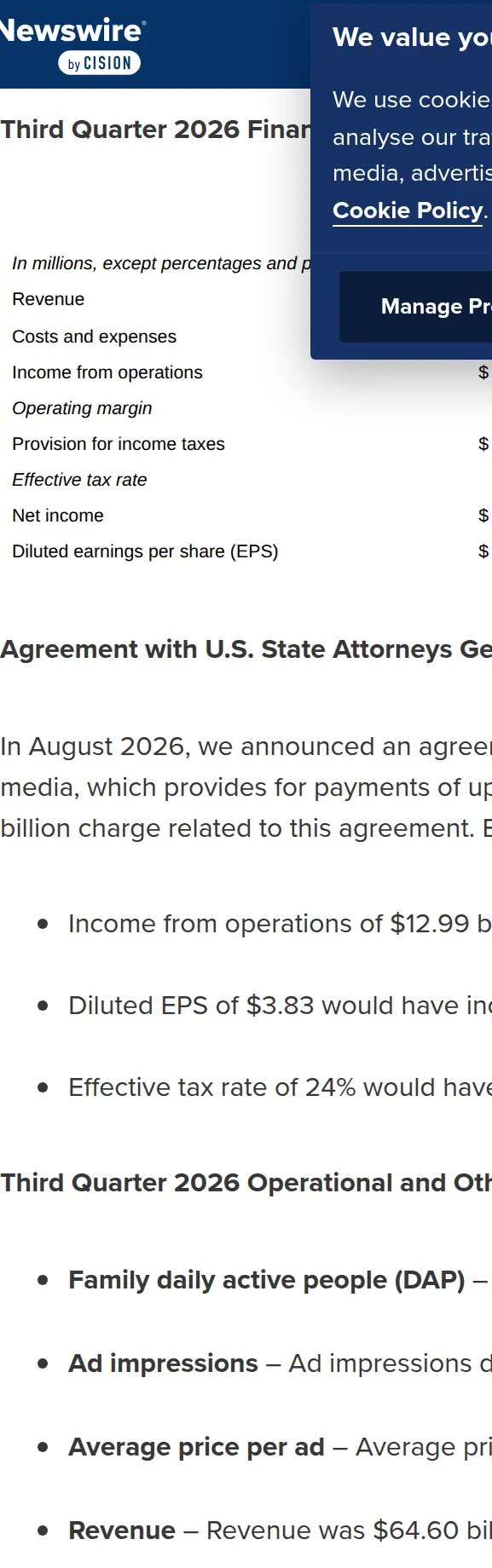 Meta third-quarter 2026 results: revenue of $64,601 million, up 26 percent, and costs and expenses up 68 percent.