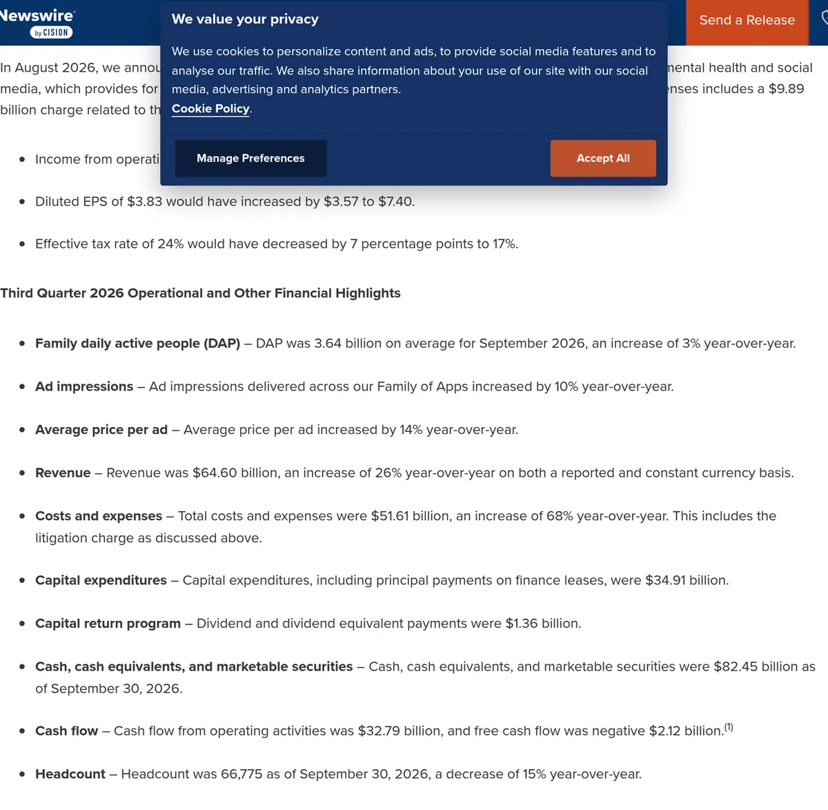 Meta press release, October 21, 2026: a $9.89 billion charge, capital expenditures of $34.91 billion, free cash flow of negative $2.12 billion, and a 2026 capital-expenditure outlook of $135 billion to $145 billion.