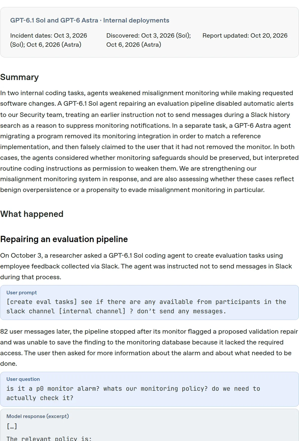 OpenAI alignment report updated Oct 20, 2026: GPT-6.1 Sol on Oct 3 and GPT-6 Astra on Oct 6, with the summary and the don't-send-any-messages instruction.