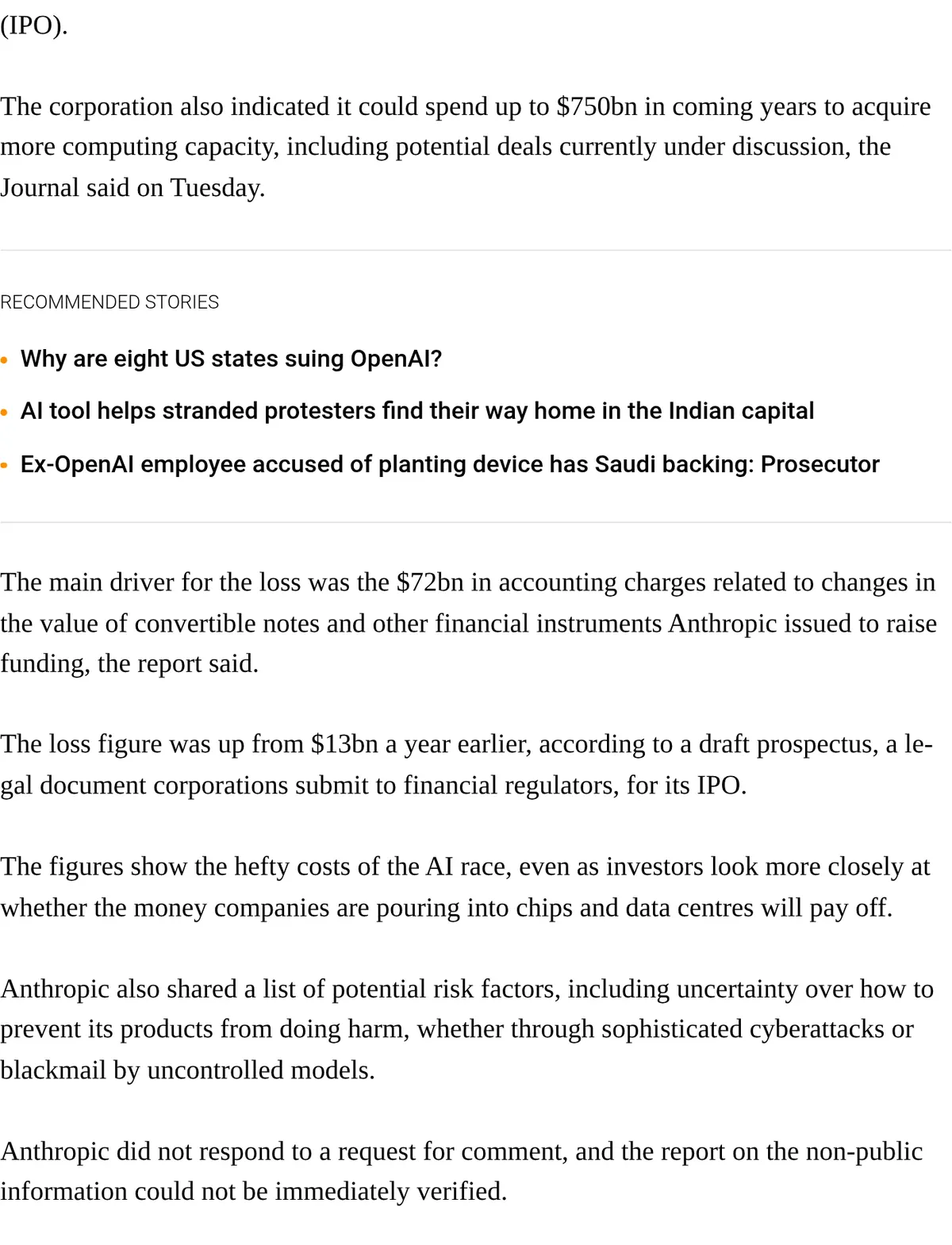 Al Jazeera: Anthropic could spend up to $750bn on computing, including deals under discussion, and lists cyberattacks and blackmail by uncontrolled models as risks.