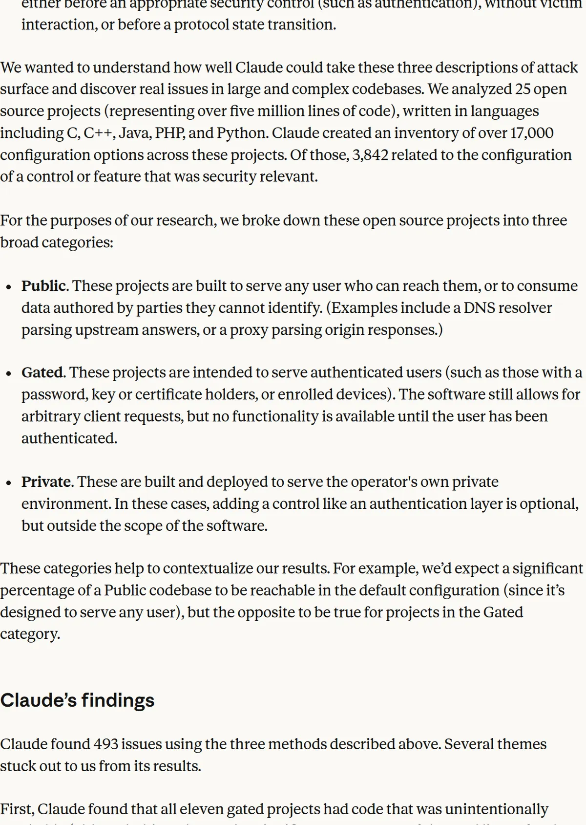 Anthropic's Oct 20, 2026 research post: 25 projects, more than five million lines, 493 issues, 94 configuration combinations, the OpenSSH case of about 4,500 lines removed in version 10.6, and the OSS-Scanner skill.