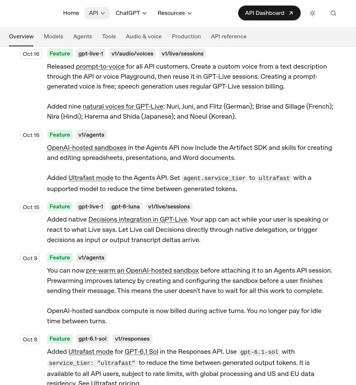OpenAI API changelog, Oct 20: 12-hour prompt caching, with writes costing 2.5x the input token price.