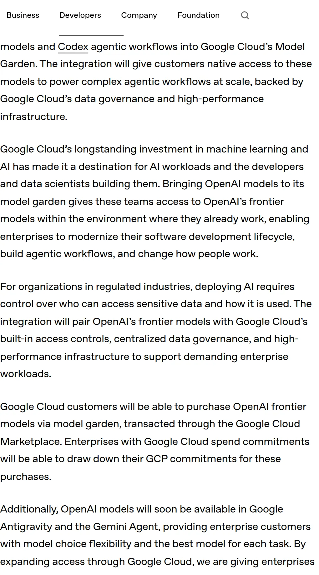OpenAI's October 21, 2026 post: models and Codex on Google Cloud Model Garden and Marketplace, counting against Google Cloud commitments, also coming to Antigravity and the Gemini Agent, with general availability in the coming weeks and Microsoft remaining the primary cloud partner.