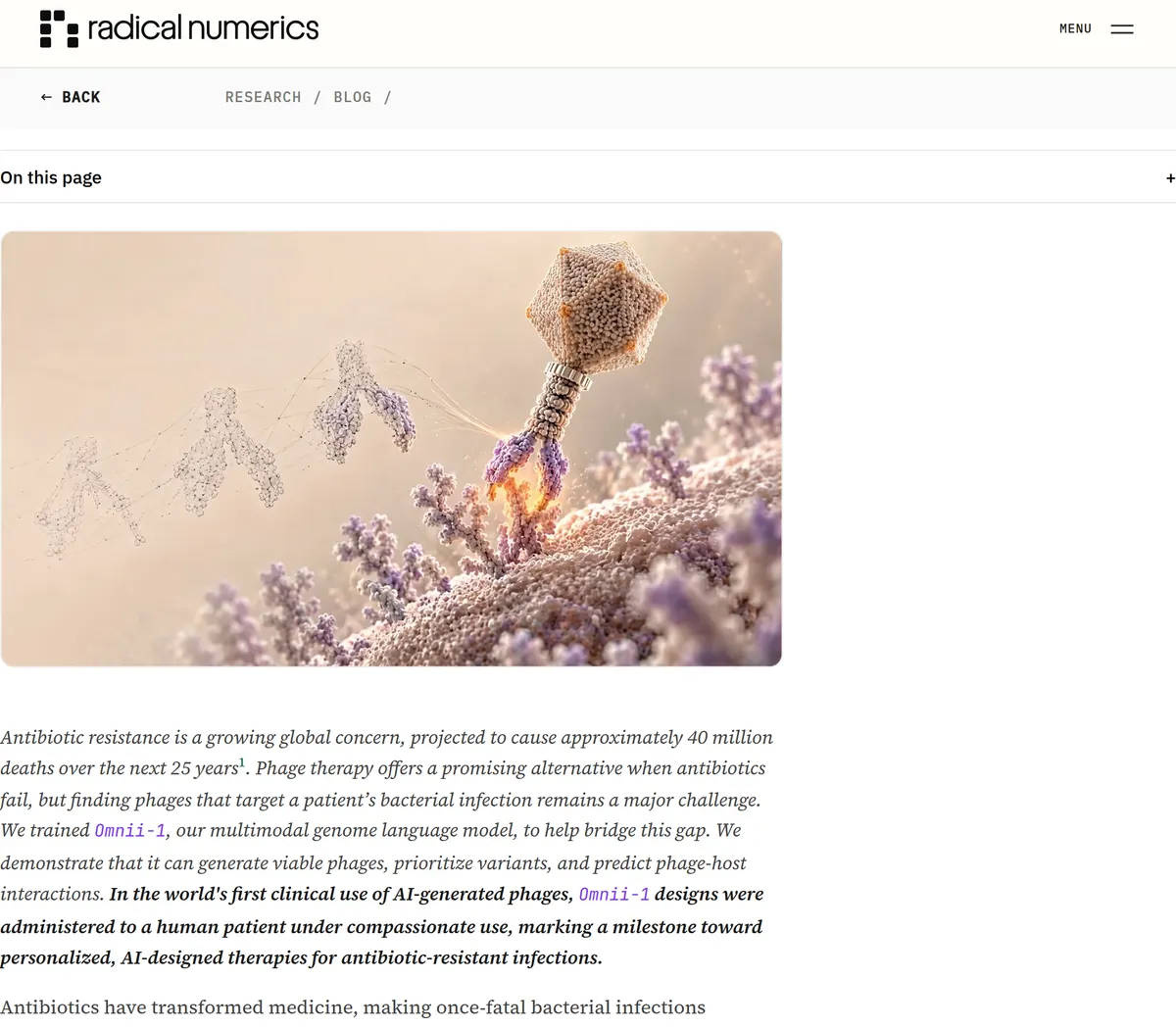 Radical Numerics, October 20, 2026: the first clinical use of AI-generated phages, the patient's bacteria eliminated in vitro, and the note that one patient cannot establish safety or efficacy.