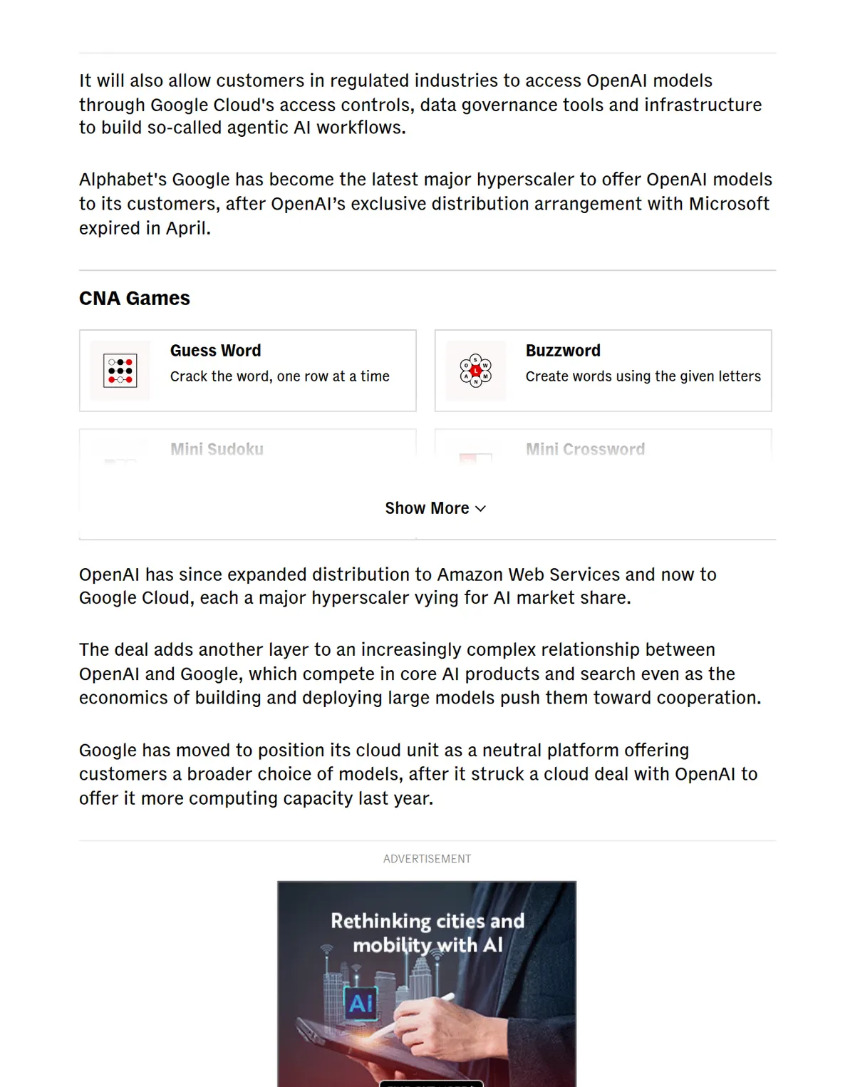 Reuters via CNA: OpenAI's exclusive distribution arrangement with Microsoft expired in April, and OpenAI has since expanded distribution to Amazon Web Services and Google Cloud.